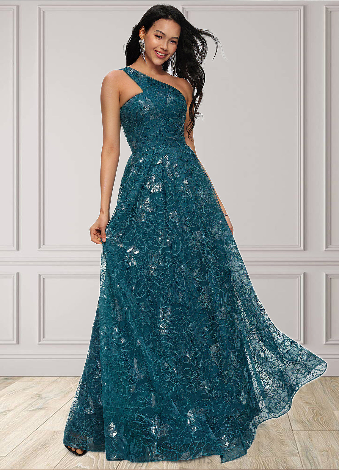 Zoie A-line Asymmetrical Floor-Length Lace Prom Dresses With Sequins HQP0022219