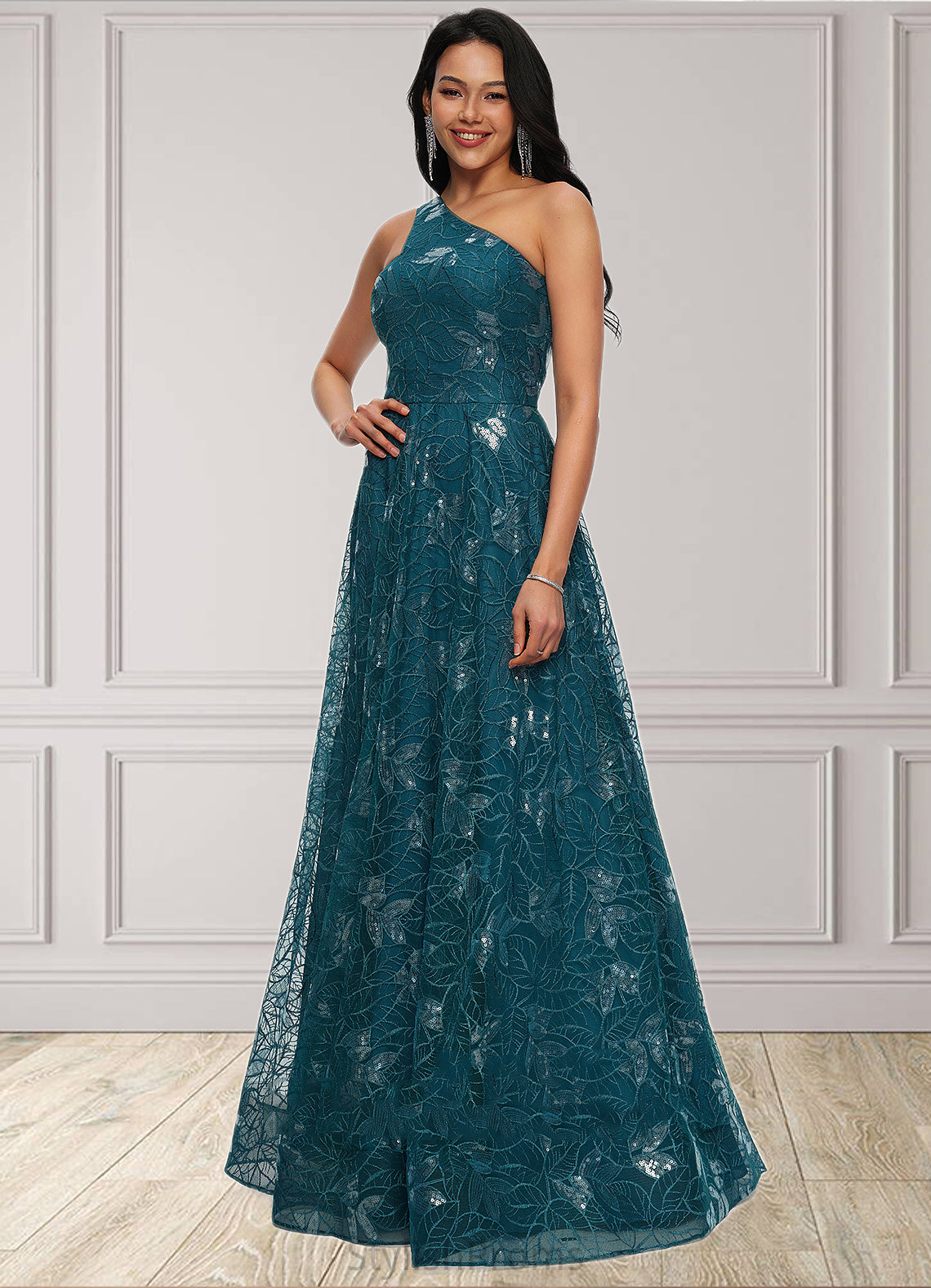 Zoie A-line Asymmetrical Floor-Length Lace Prom Dresses With Sequins HQP0022219