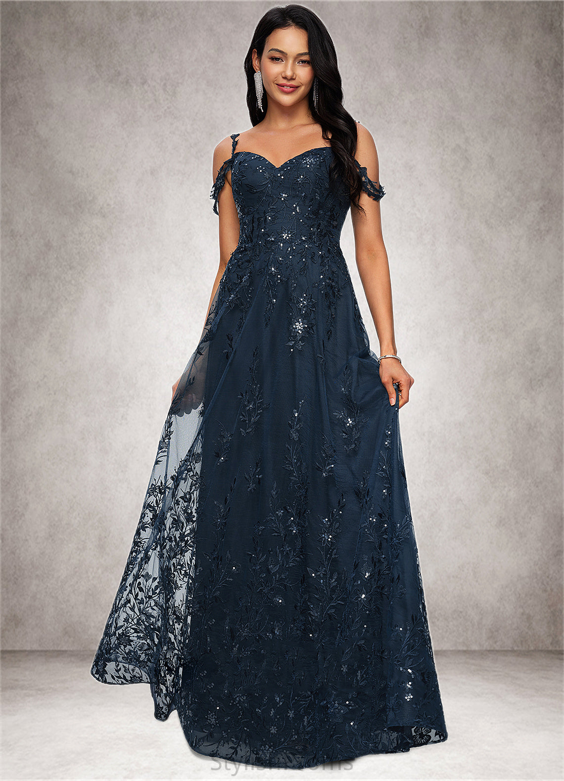 Keyla A-line V-Neck Floor-Length Lace Prom Dresses With Sequins HQP0022222