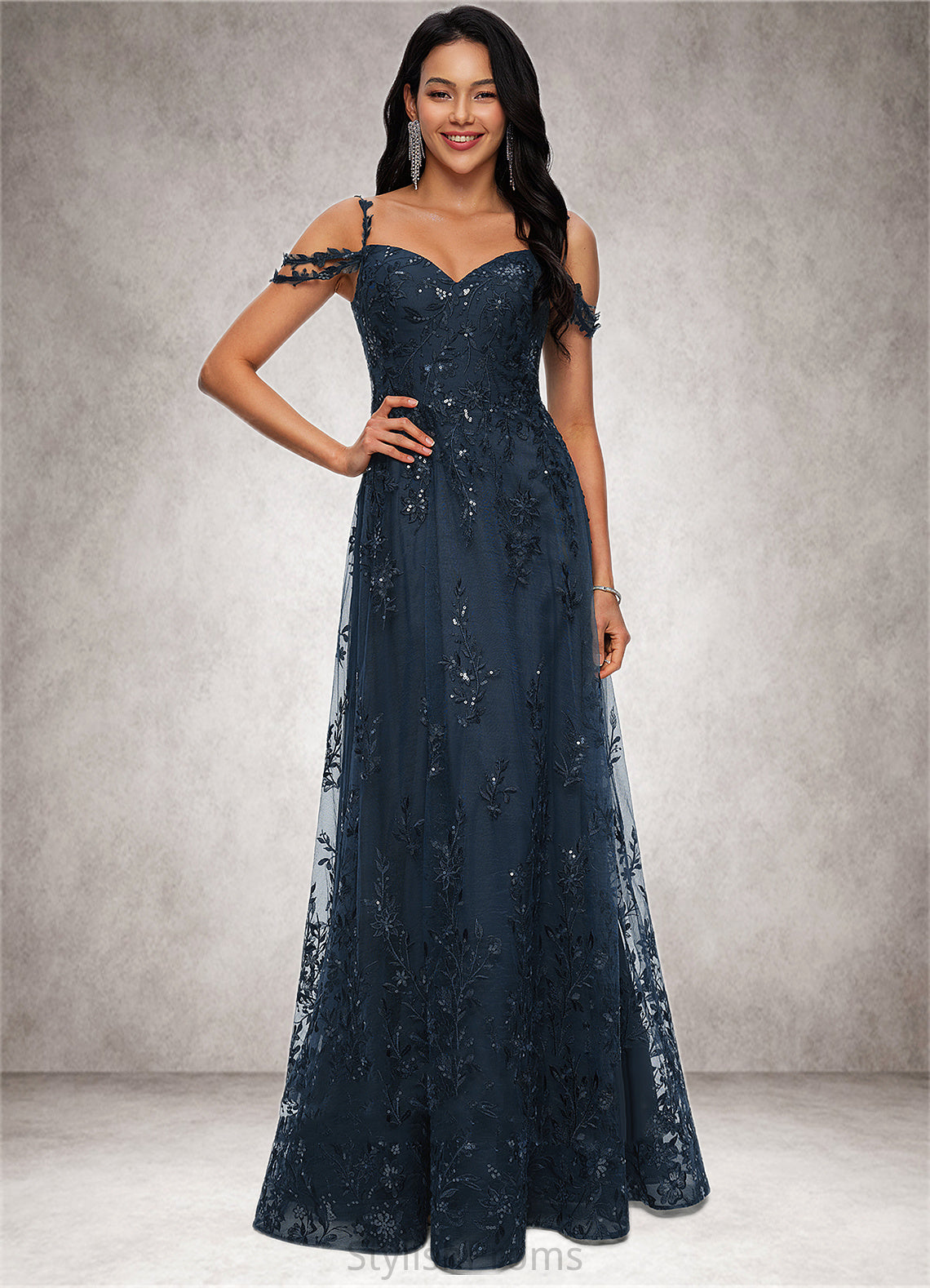 Keyla A-line V-Neck Floor-Length Lace Prom Dresses With Sequins HQP0022222