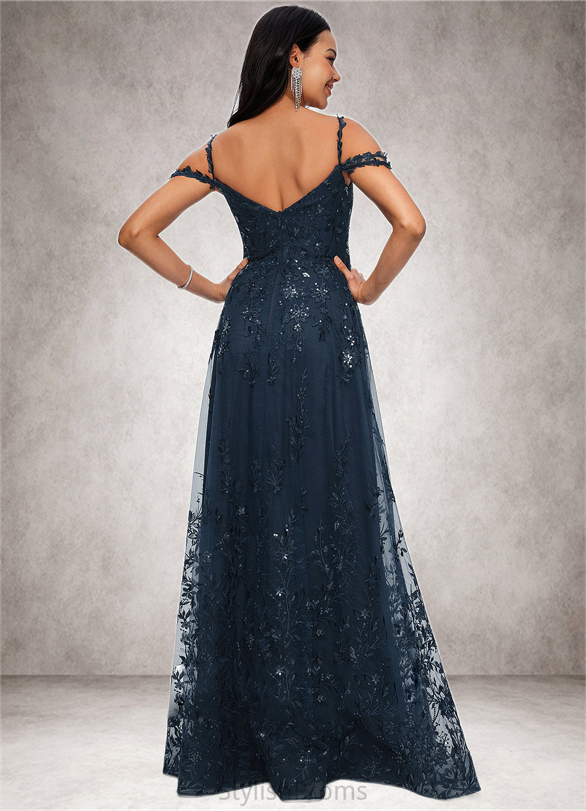 Keyla A-line V-Neck Floor-Length Lace Prom Dresses With Sequins HQP0022222