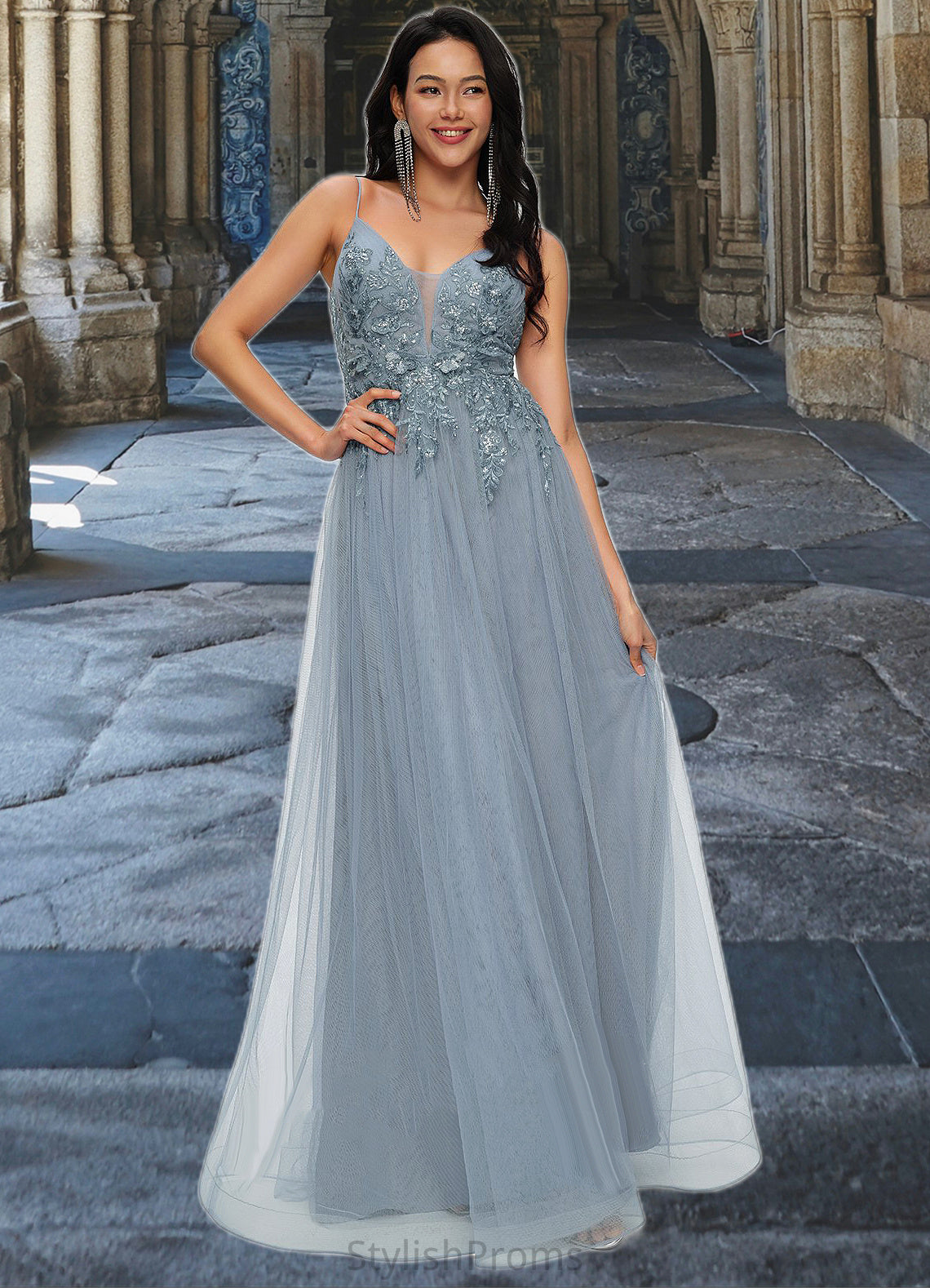 Mikaela A-line V-Neck Floor-Length Tulle Prom Dresses With Appliques Lace Sequins HQP0022223