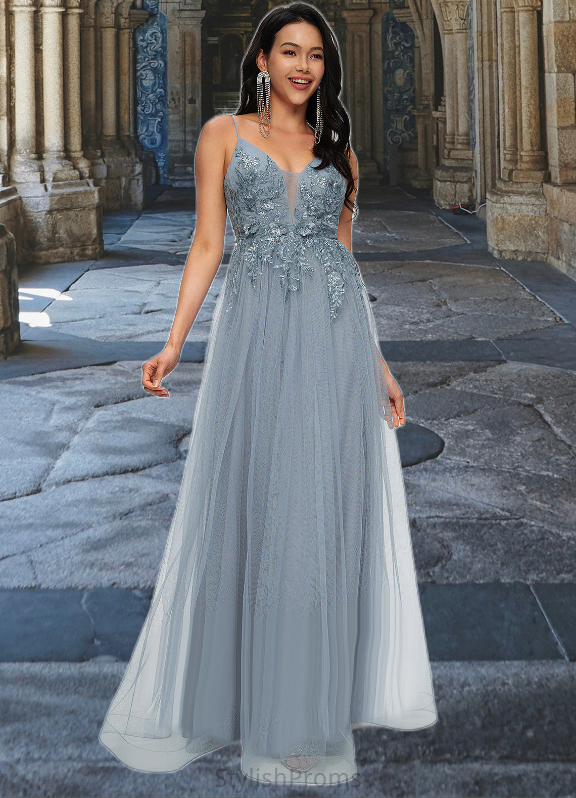 Mikaela A-line V-Neck Floor-Length Tulle Prom Dresses With Appliques Lace Sequins HQP0022223