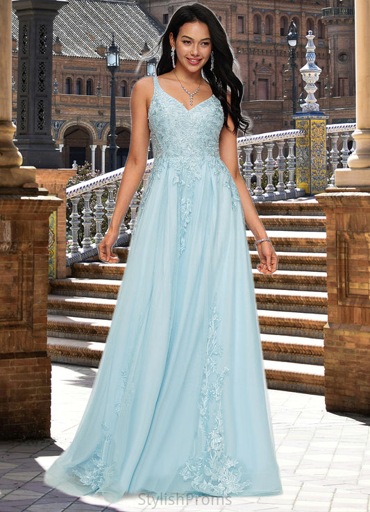 Gabrielle A-line V-Neck Floor-Length Tulle Prom Dresses With Rhinestone Appliques Lace Sequins HQP0022225