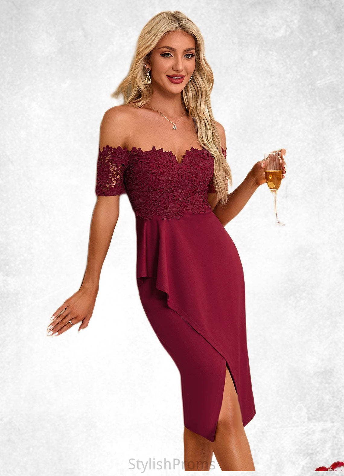 Emma Flower Ruffle Off the Shoulder Elegant Sheath/Column Lace Polyester Asymmetrical Dresses HQP0022276