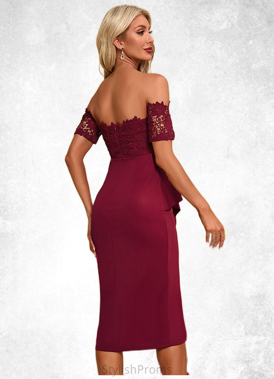 Emma Flower Ruffle Off the Shoulder Elegant Sheath/Column Lace Polyester Asymmetrical Dresses HQP0022276