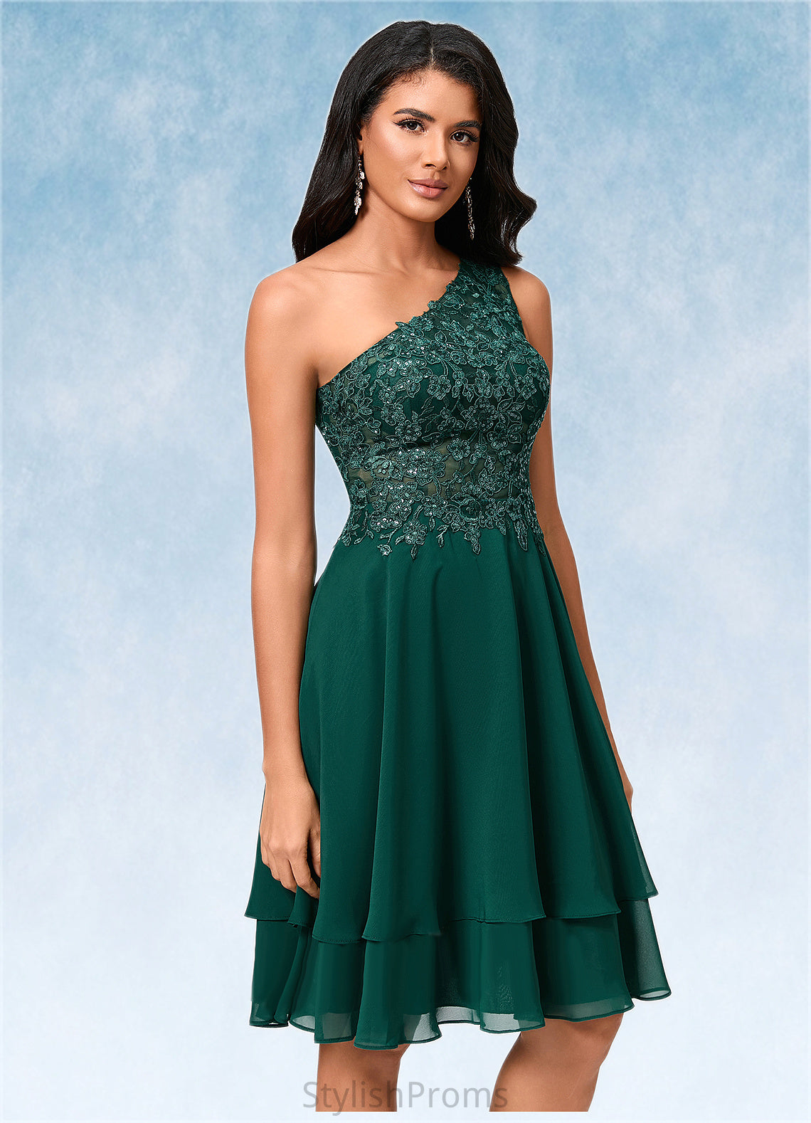 Eileen A-line One Shoulder Knee-Length Chiffon Lace Cocktail Dress With Sequins HQP0022313