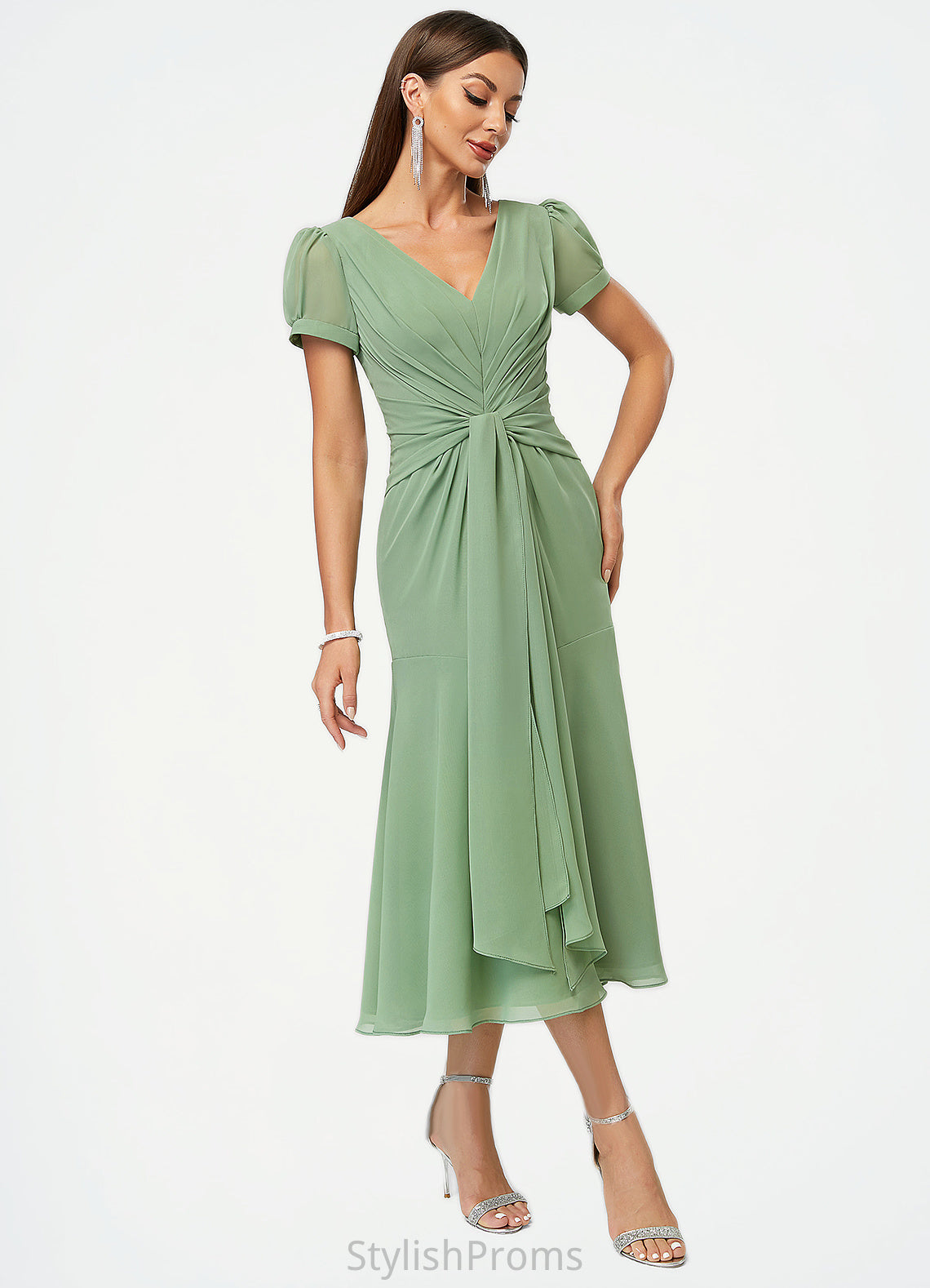 Amy Trumpet/Mermaid V-Neck Tea-Length Chiffon Cocktail Dress With Pleated HQP0022315