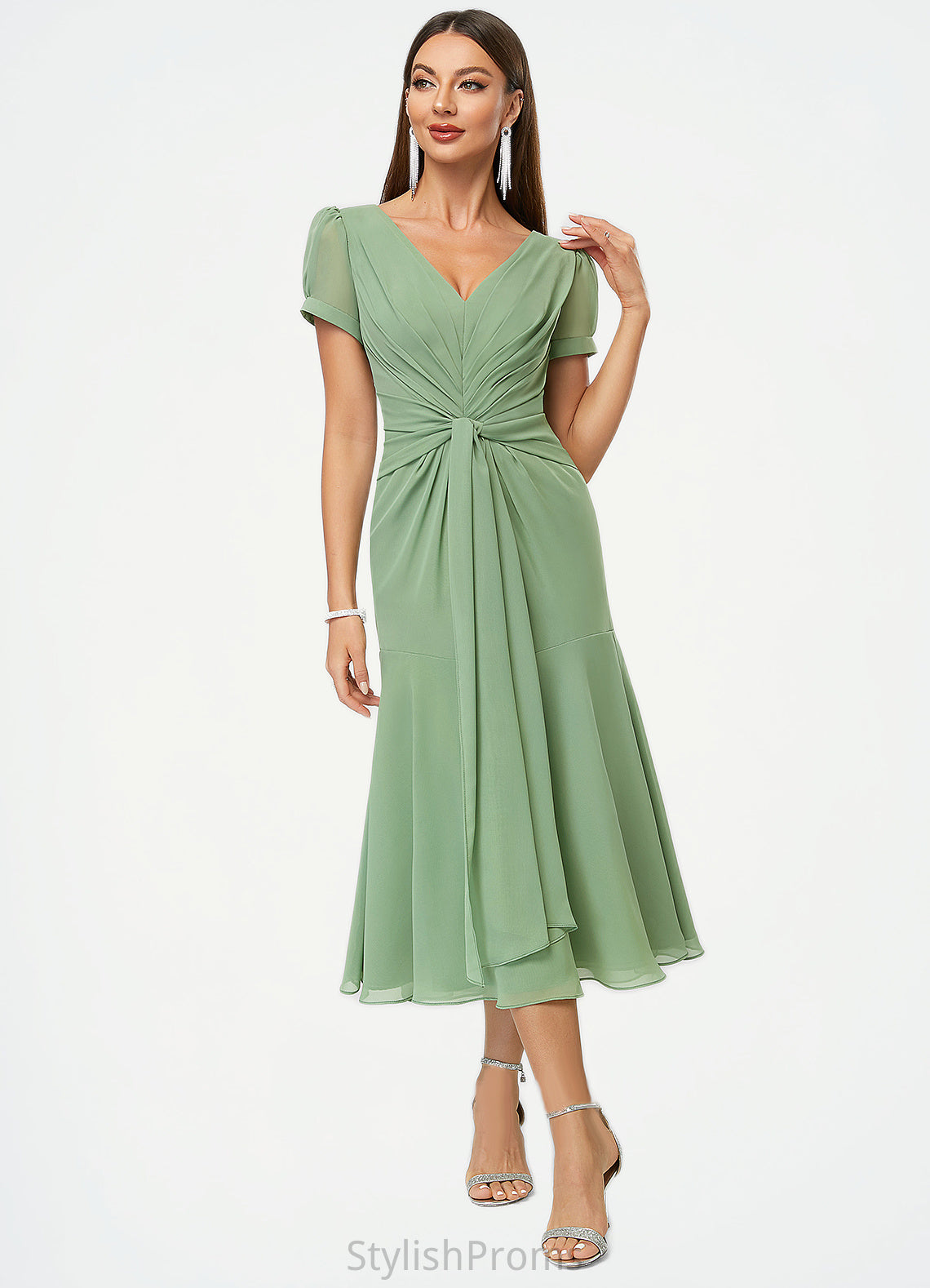 Amy Trumpet/Mermaid V-Neck Tea-Length Chiffon Cocktail Dress With Pleated HQP0022315