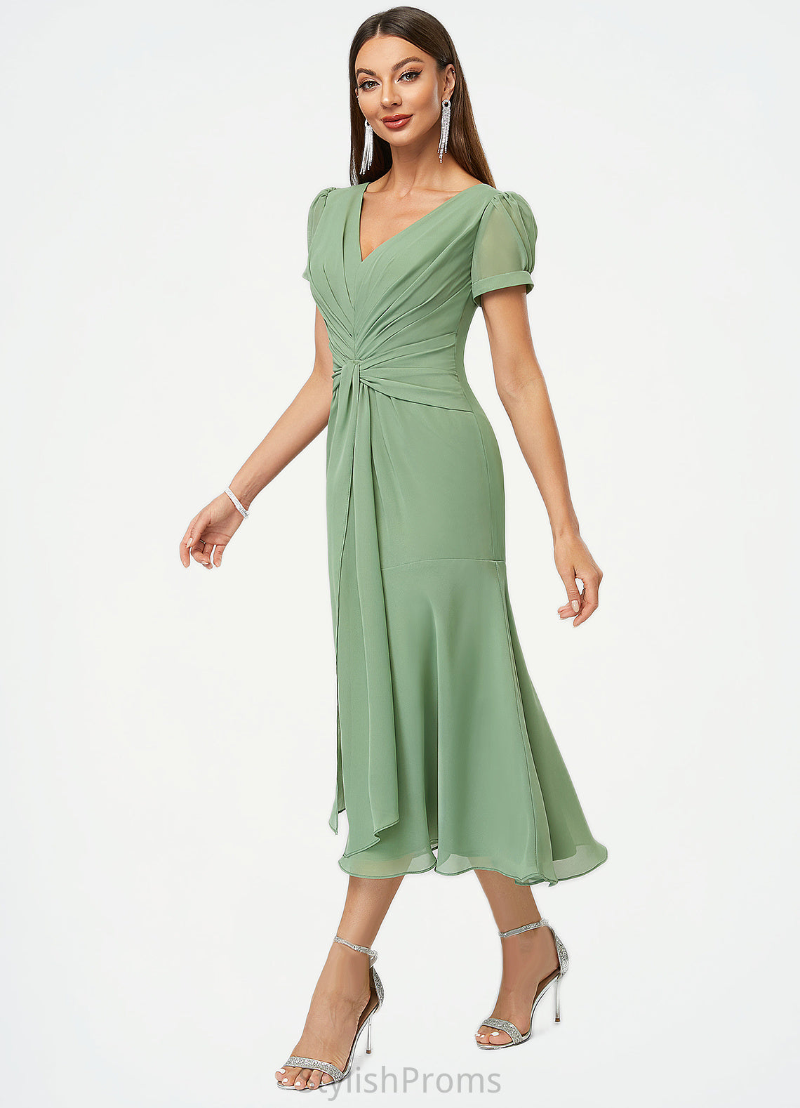 Amy Trumpet/Mermaid V-Neck Tea-Length Chiffon Cocktail Dress With Pleated HQP0022315