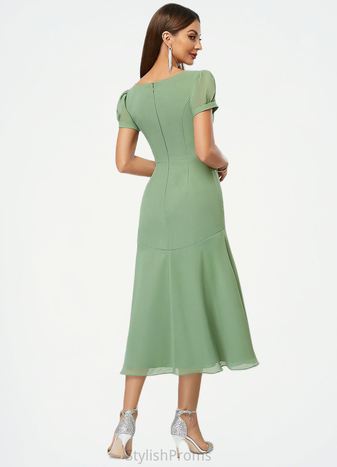 Amy Trumpet/Mermaid V-Neck Tea-Length Chiffon Cocktail Dress With Pleated HQP0022315