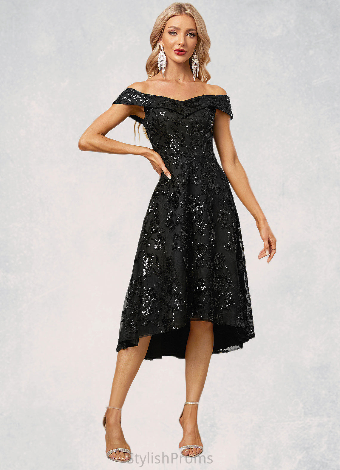 Lilia A-line Off the Shoulder Asymmetrical Lace Sequin Cocktail Dress With Sequins HQP0022328