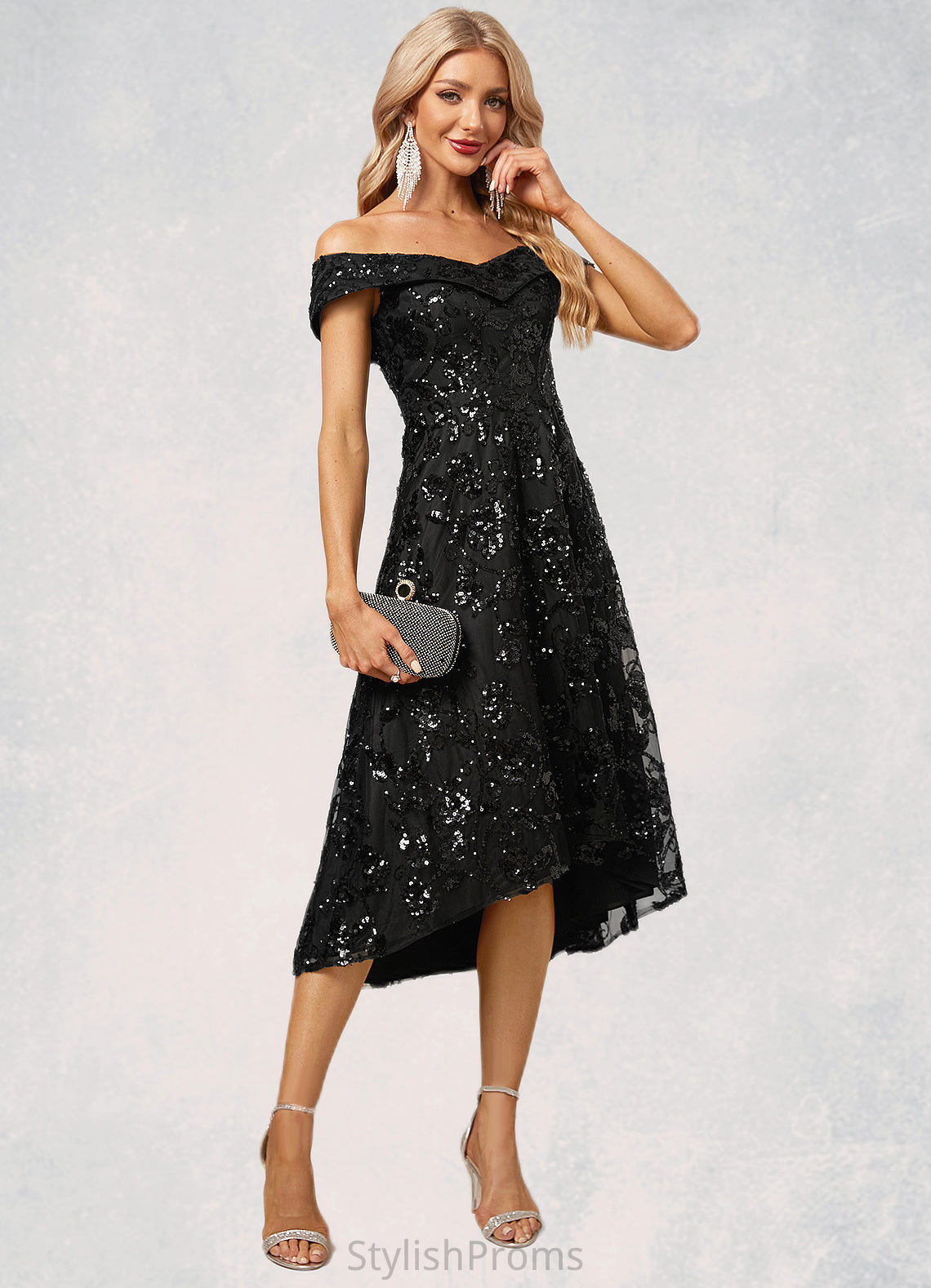 Lilia A-line Off the Shoulder Asymmetrical Lace Sequin Cocktail Dress With Sequins HQP0022328