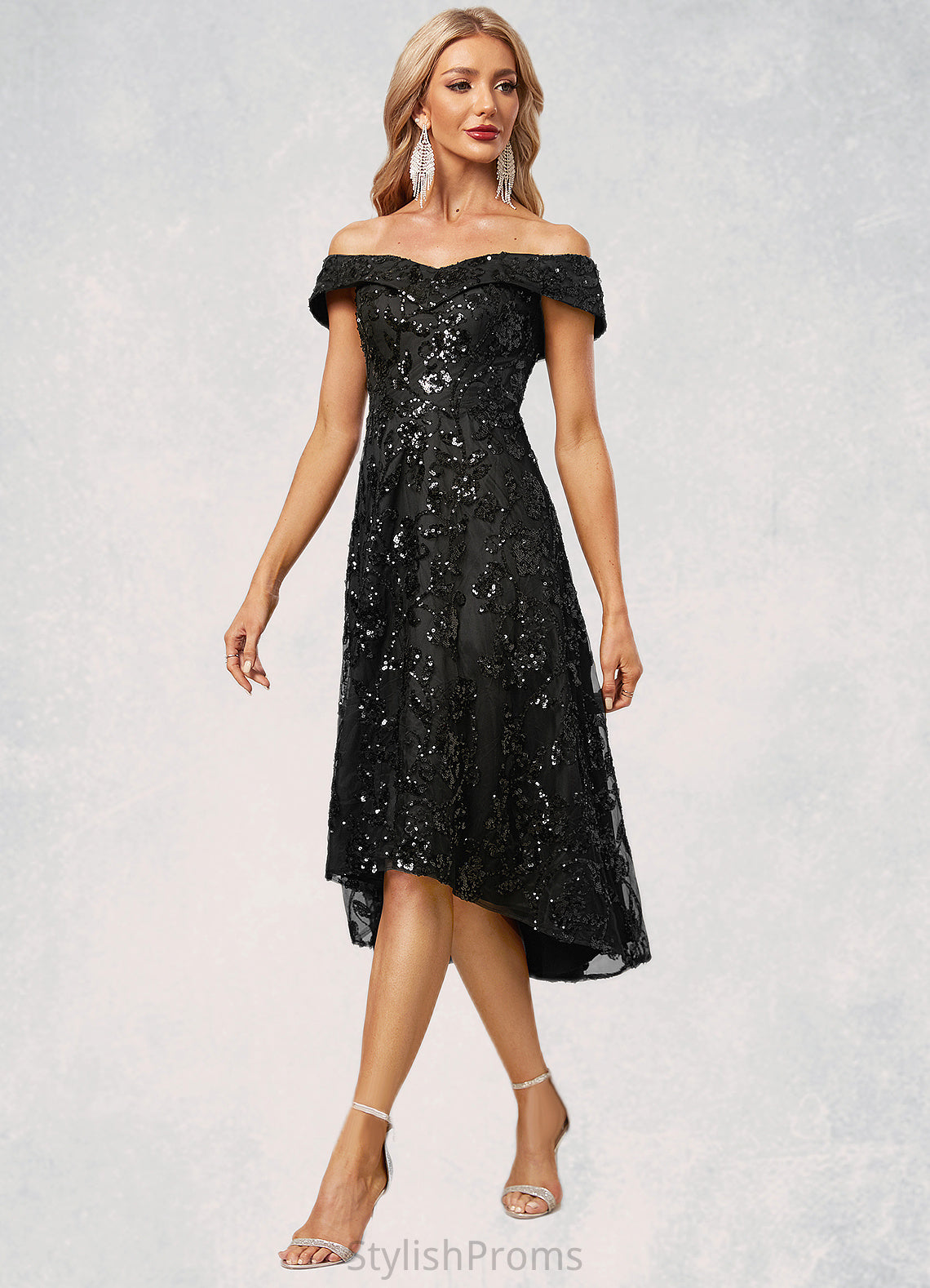 Lilia A-line Off the Shoulder Asymmetrical Lace Sequin Cocktail Dress With Sequins HQP0022328