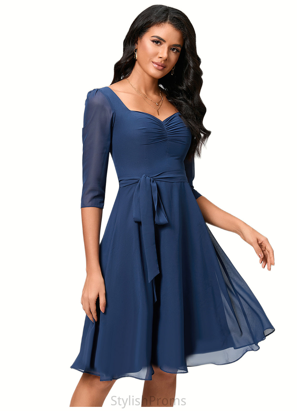 Thalia A-line V-Neck Knee-Length Chiffon Cocktail Dress With Ruffle HQP0022333