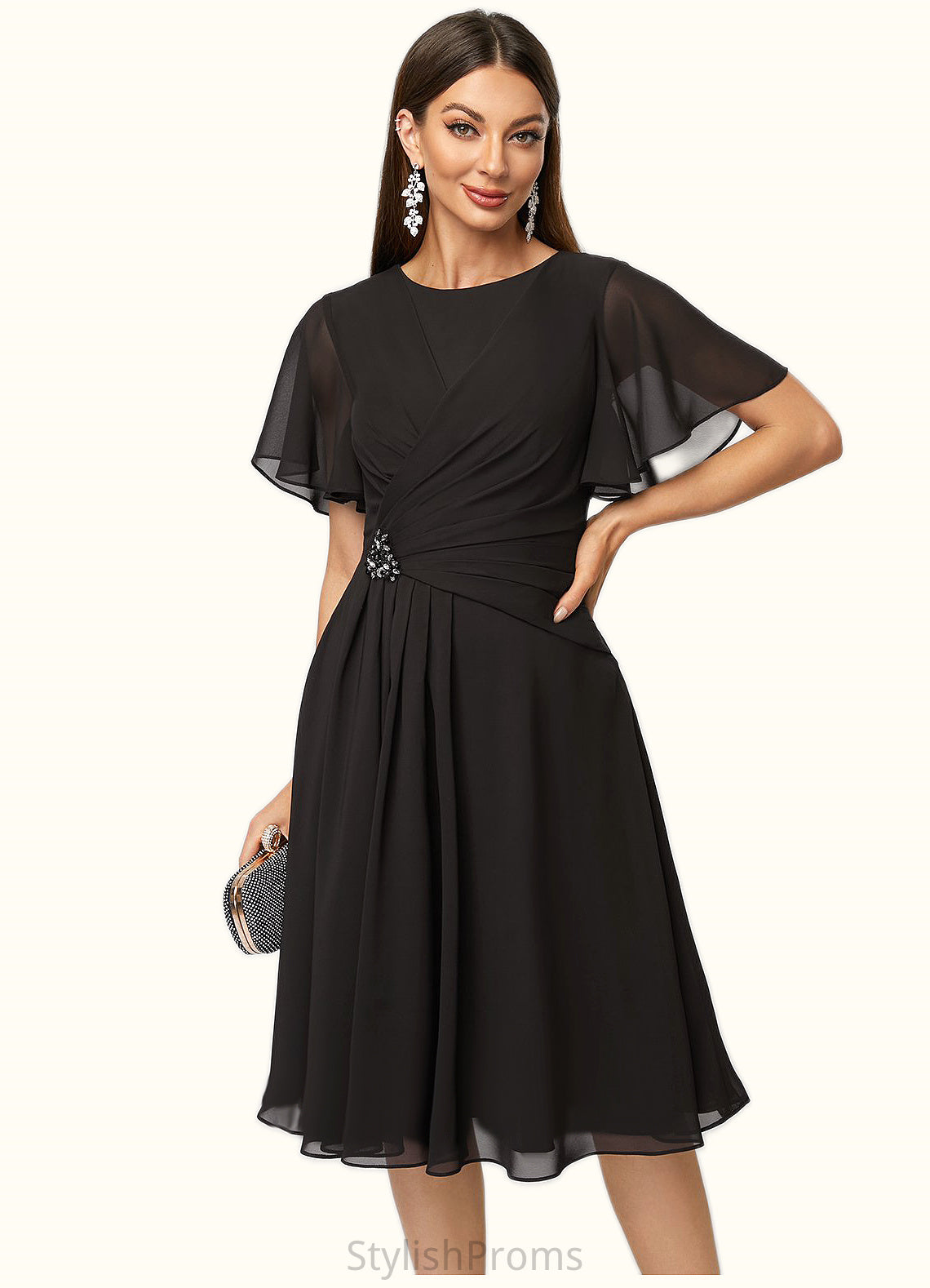 Selena A-line Scoop Knee-Length Chiffon Cocktail Dress With Beading Pleated HQP0022336