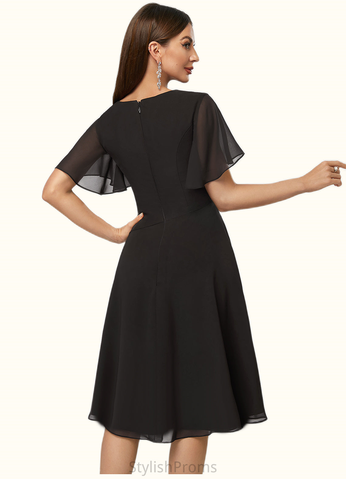 Selena A-line Scoop Knee-Length Chiffon Cocktail Dress With Beading Pleated HQP0022336