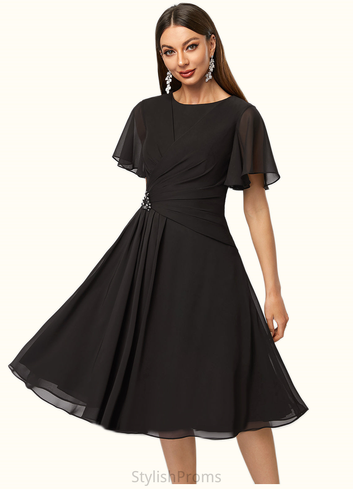 Selena A-line Scoop Knee-Length Chiffon Cocktail Dress With Beading Pleated HQP0022336