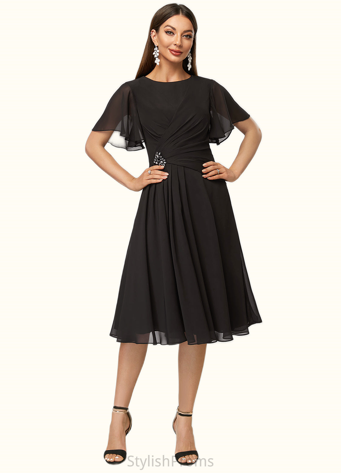 Selena A-line Scoop Knee-Length Chiffon Cocktail Dress With Beading Pleated HQP0022336