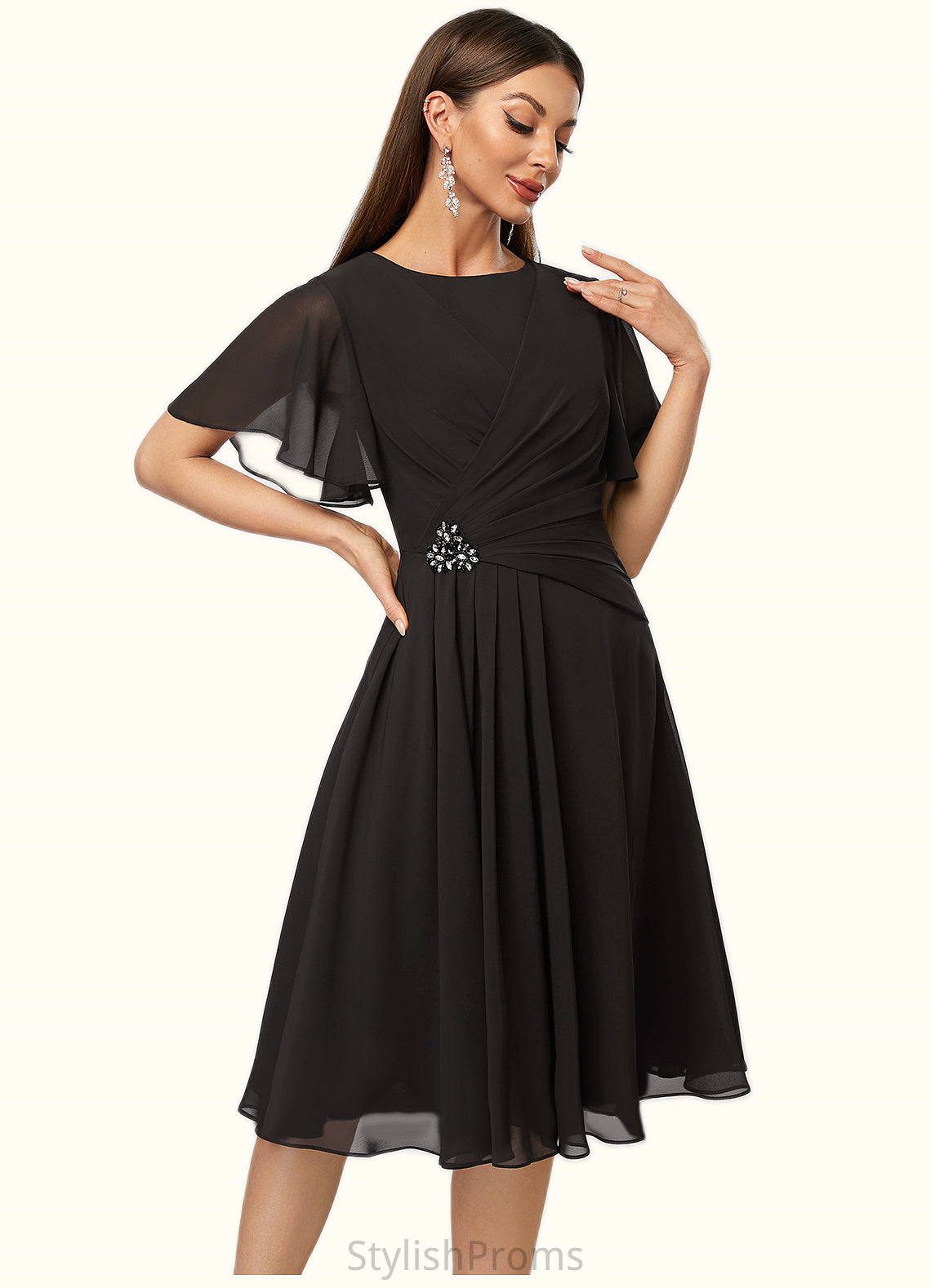 Selena A-line Scoop Knee-Length Chiffon Cocktail Dress With Beading Pleated HQP0022336