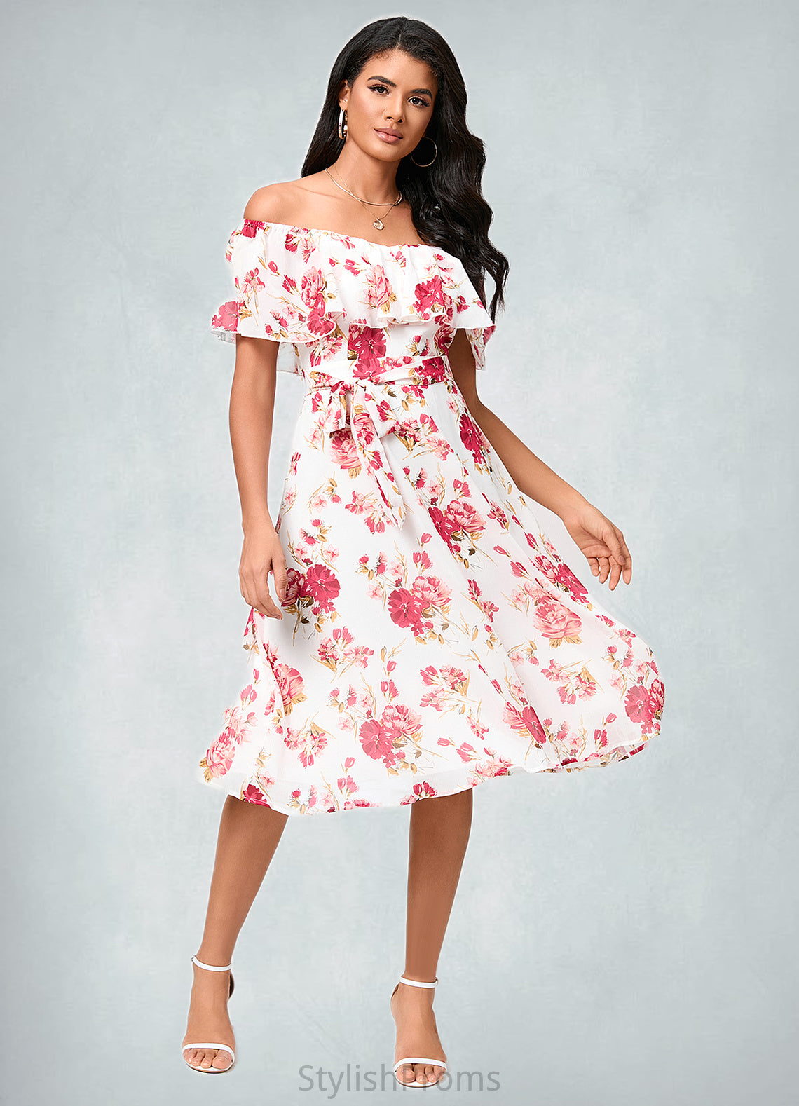 Chasity A-line Off the Shoulder Knee-Length Chiffon Cocktail Dress With Bow HQP0022337