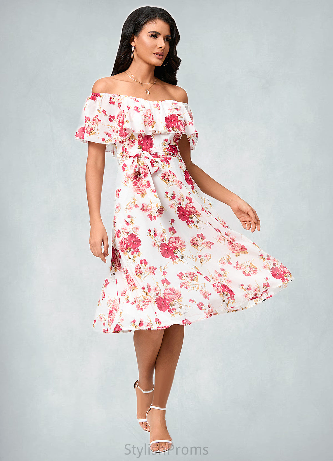 Chasity A-line Off the Shoulder Knee-Length Chiffon Cocktail Dress With Bow HQP0022337