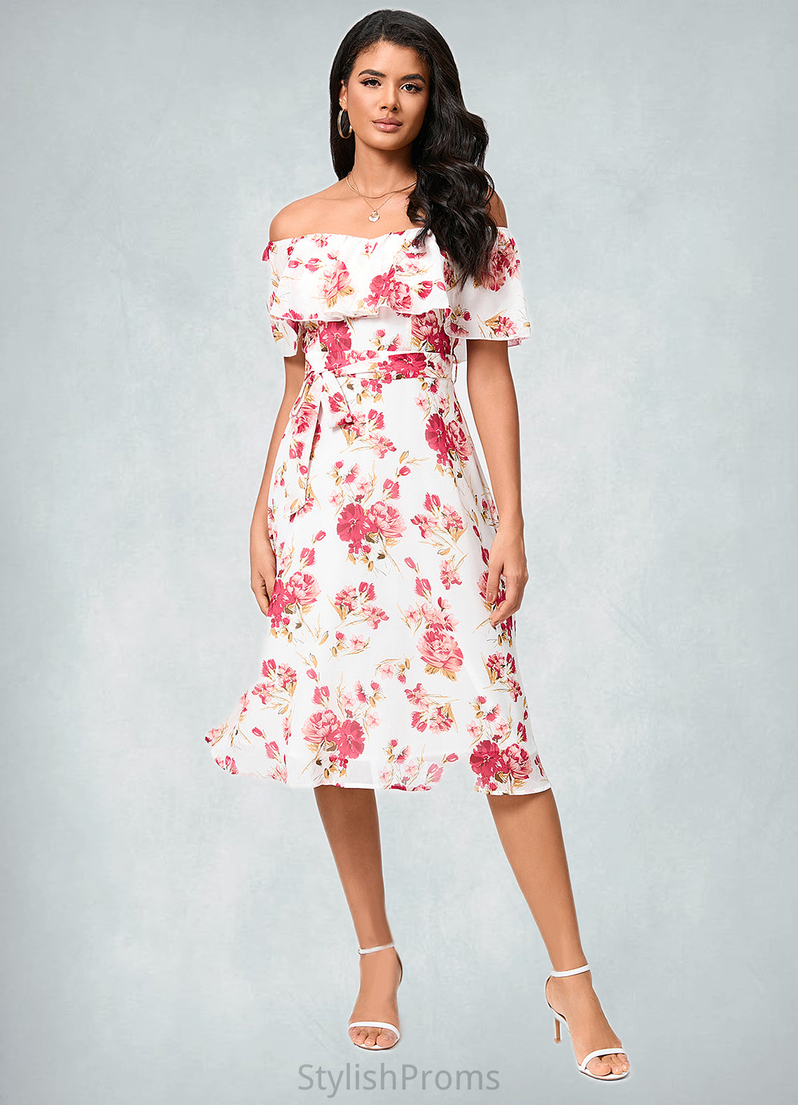 Chasity A-line Off the Shoulder Knee-Length Chiffon Cocktail Dress With Bow HQP0022337