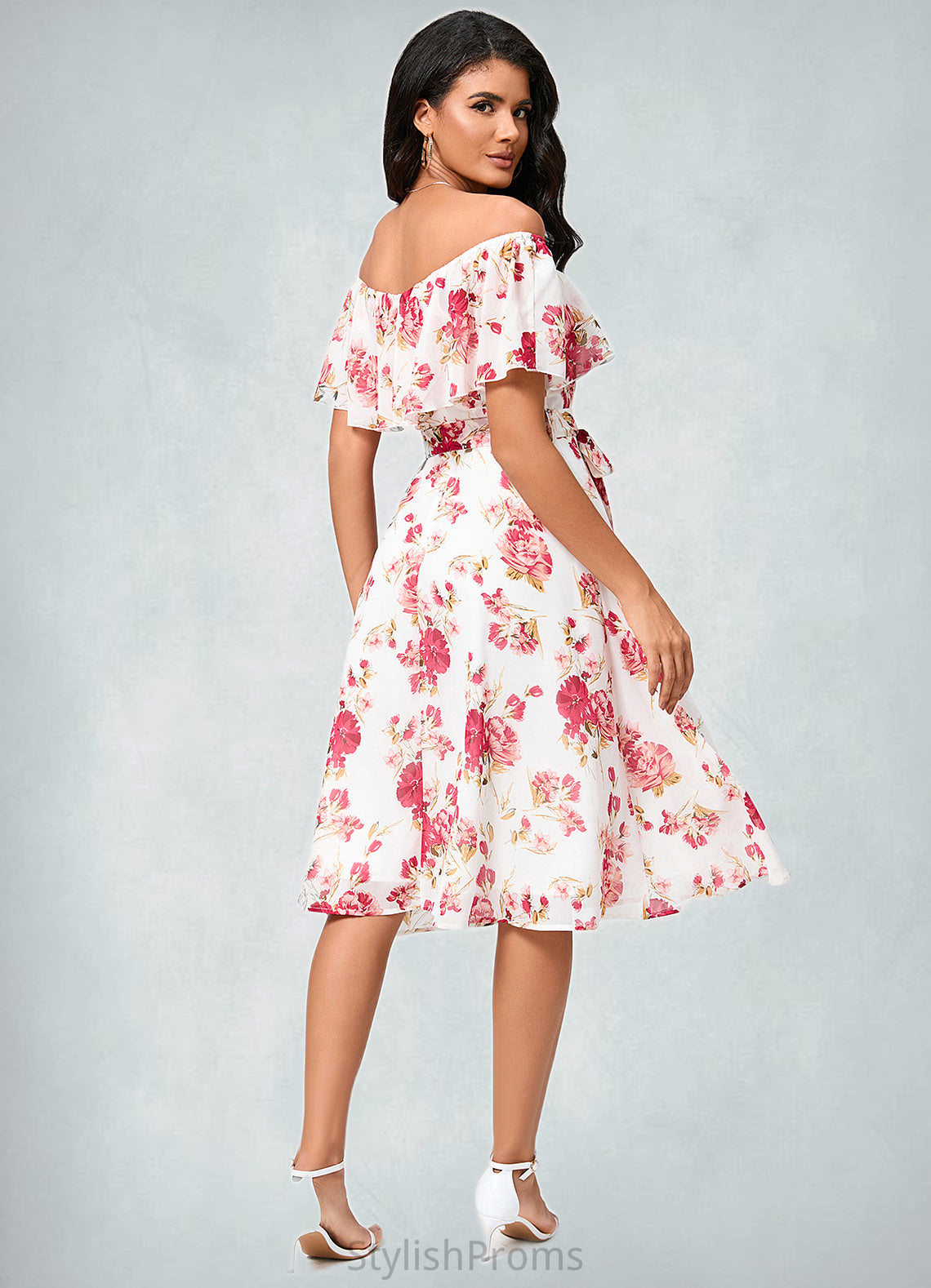 Chasity A-line Off the Shoulder Knee-Length Chiffon Cocktail Dress With Bow HQP0022337