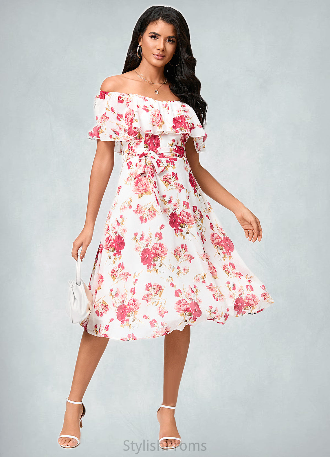 Chasity A-line Off the Shoulder Knee-Length Chiffon Cocktail Dress With Bow HQP0022337