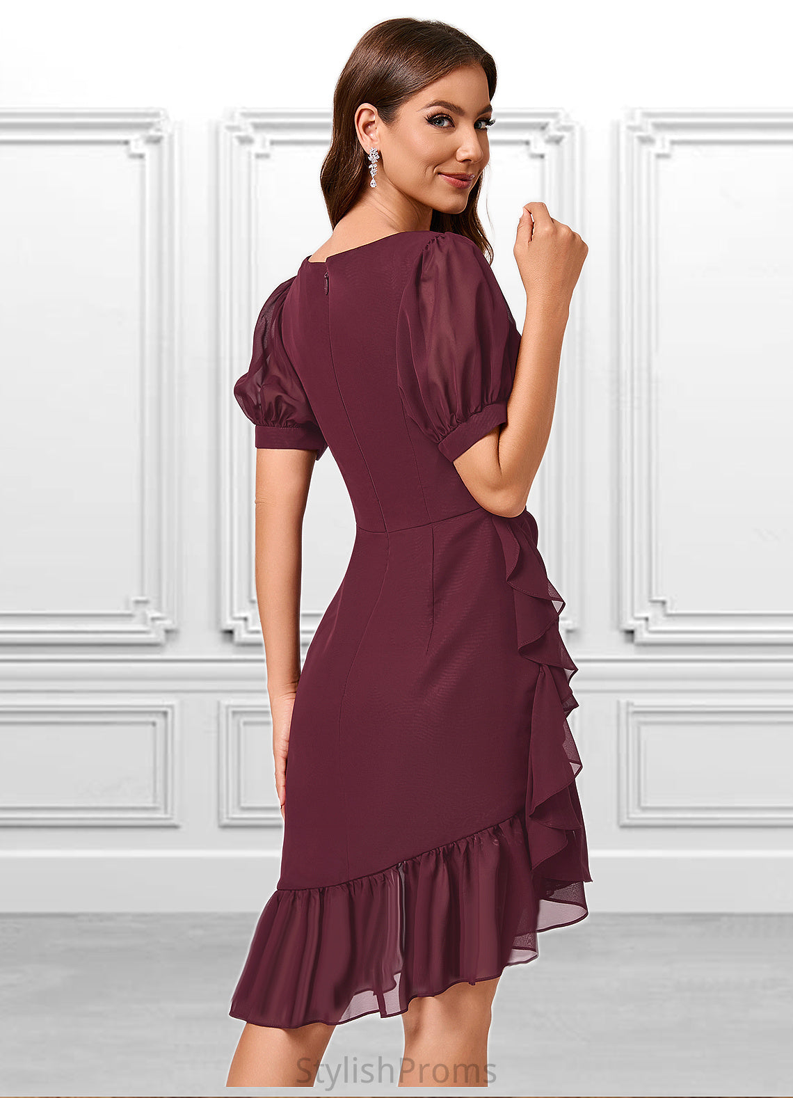 Kathy Sheath/Column V-Neck Asymmetrical Chiffon Cocktail Dress With Cascading Ruffles Ruffle HQP0022339