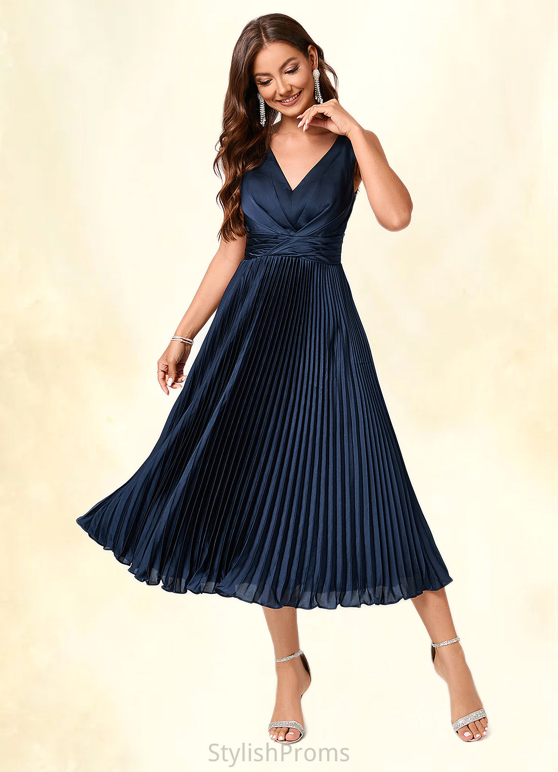 Melanie A-line V-Neck Tea-Length Silky Satin Cocktail Dress With Pleated Ruffle HQP0022341