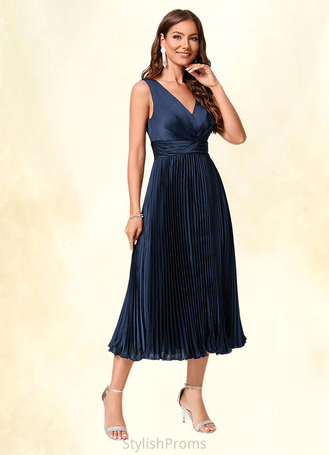 Melanie A-line V-Neck Tea-Length Silky Satin Cocktail Dress With Pleated Ruffle HQP0022341