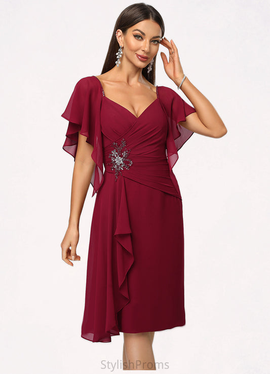 Katelynn Sheath/Column V-Neck Knee-Length Chiffon Cocktail Dress With Beading Cascading Ruffles HQP0022350