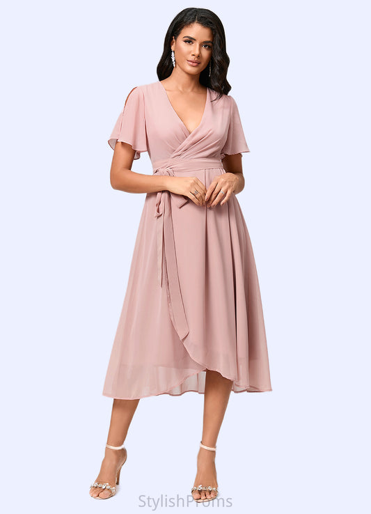 Alana A-line V-Neck Asymmetrical Chiffon Cocktail Dress With Bow Pleated HQP0022368