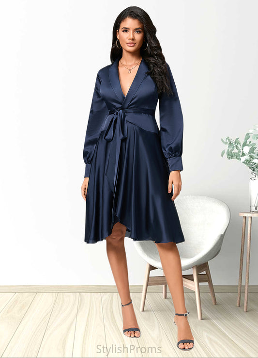 Brooklyn A-line V-Neck Asymmetrical Silky Satin Cocktail Dress With Bow HQP0022385