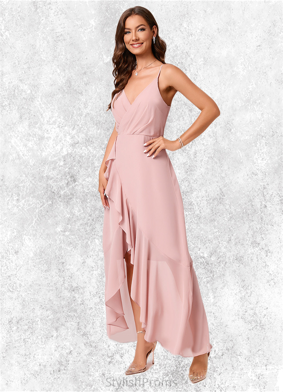 Pam A-line V-Neck Asymmetrical Chiffon Cocktail Dress With Cascading Ruffles Ruffle HQP0022502