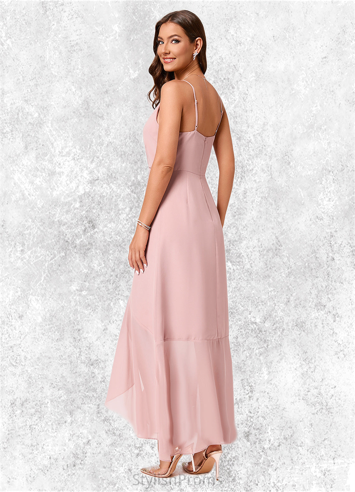 Pam A-line V-Neck Asymmetrical Chiffon Cocktail Dress With Cascading Ruffles Ruffle HQP0022502