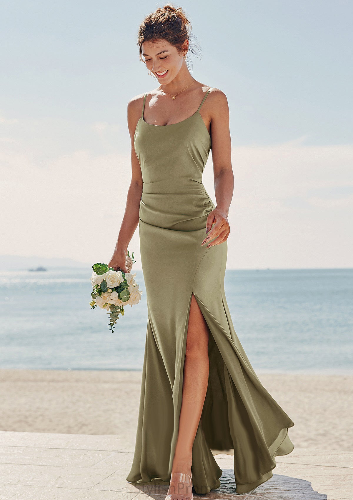 Trumpet/Mermaid Scoop Neck Sleeveless Floor-Length Stretch Satin Bridesmaid Dresses with Pleated Split Alice HQP0025219