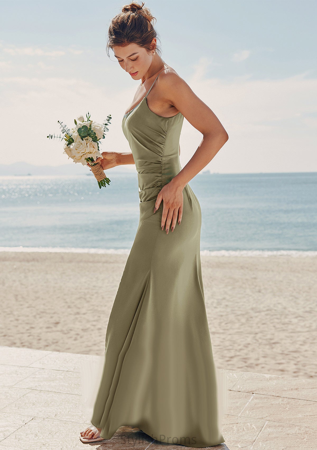 Trumpet/Mermaid Scoop Neck Sleeveless Floor-Length Stretch Satin Bridesmaid Dresses with Pleated Split Alice HQP0025219