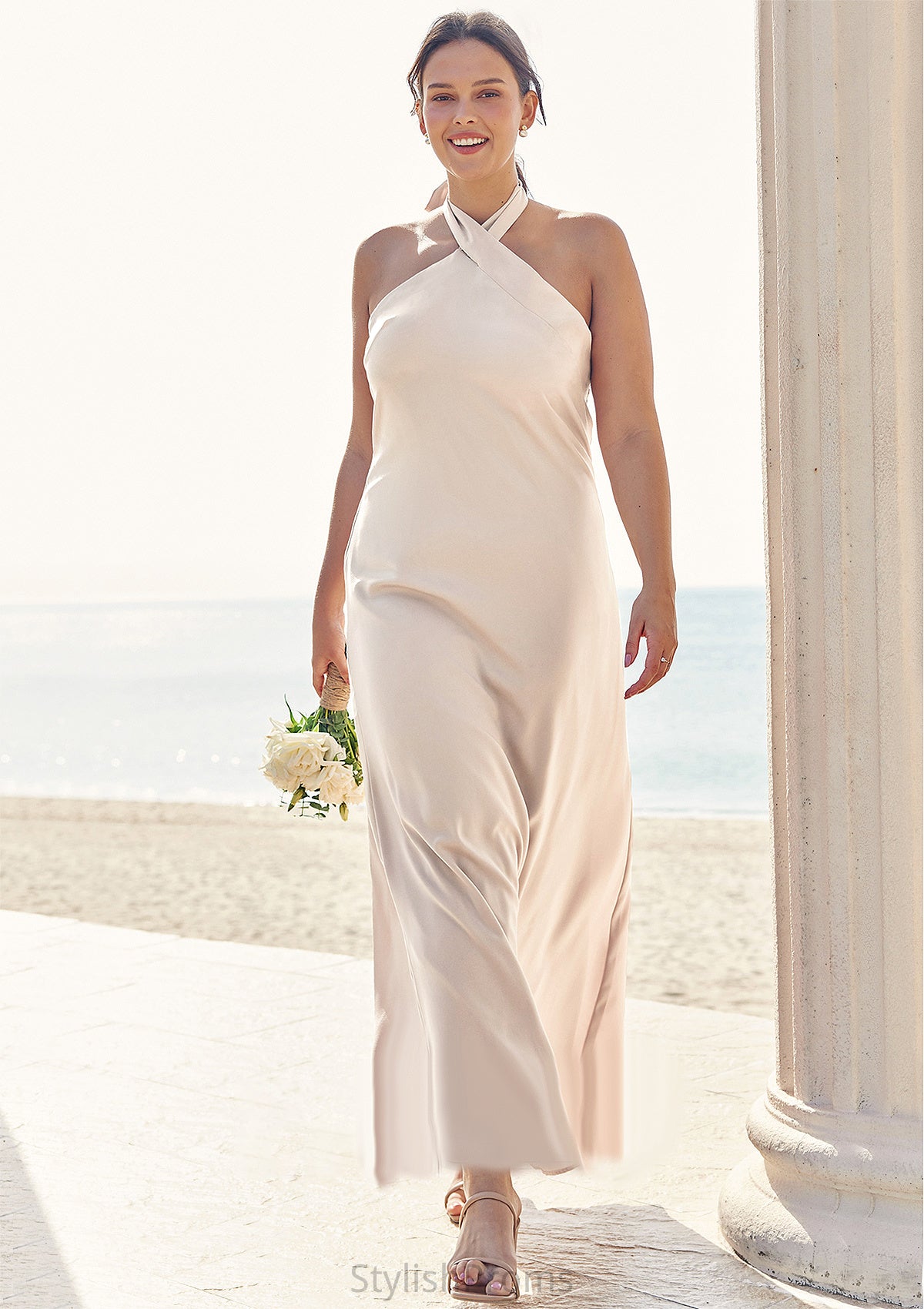 Sheath/Column Halter Sleeveless Ankle-Length Stretch Satin Plus Size Bridesmaid Dresses with Bowknot Ann HQP0025237