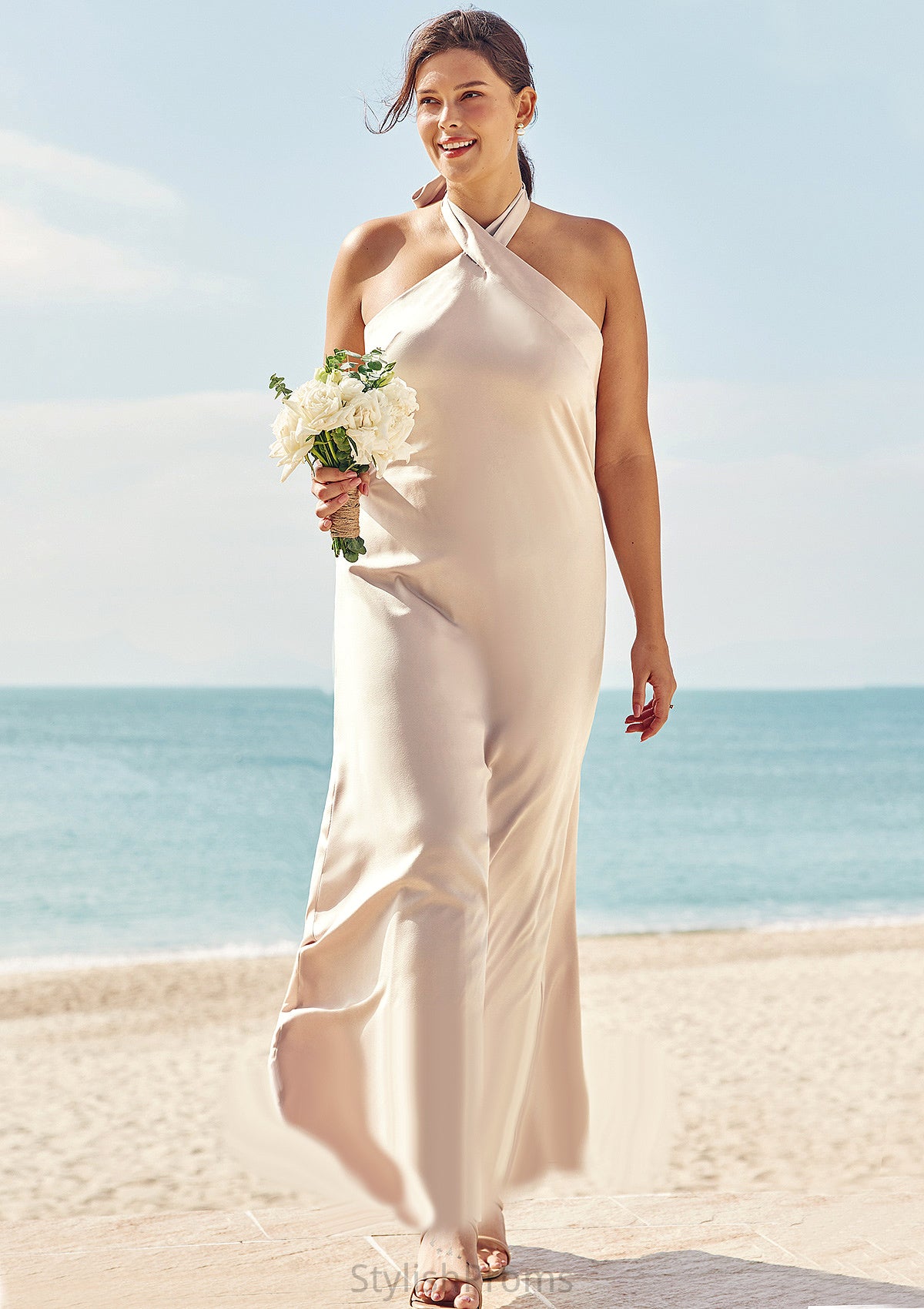 Sheath/Column Halter Sleeveless Ankle-Length Stretch Satin Plus Size Bridesmaid Dresses with Bowknot Ann HQP0025237