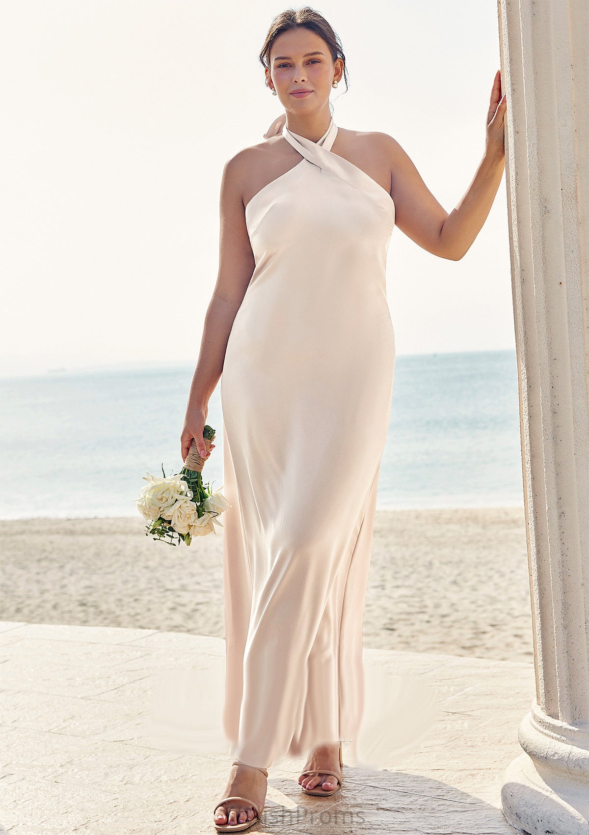 Sheath/Column Halter Sleeveless Ankle-Length Stretch Satin Plus Size Bridesmaid Dresses with Bowknot Ann HQP0025237