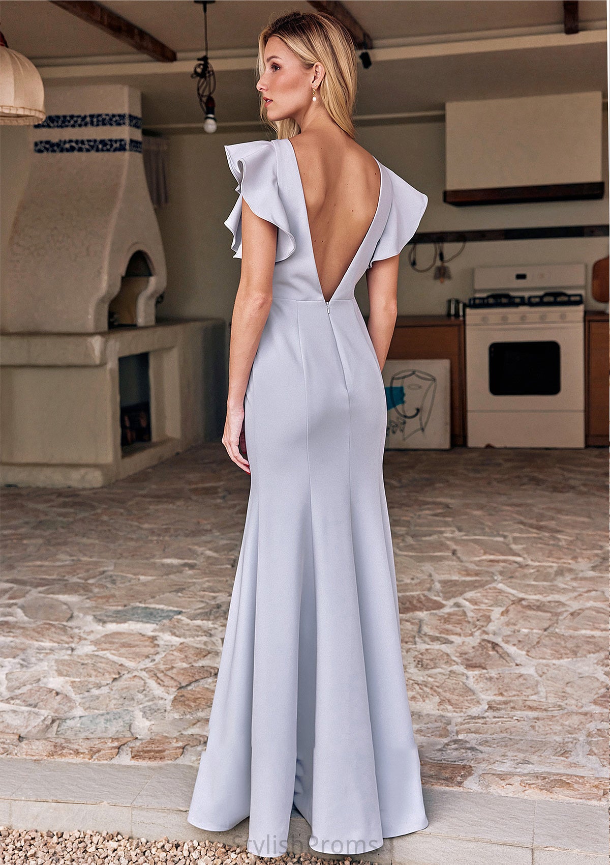 Trumpet/Mermaid Scoop Neck Short Sleeve Floor-Length Stretch Crepe Bridesmaid Dresses with Pleated Ruffles Shaylee HQP0025244