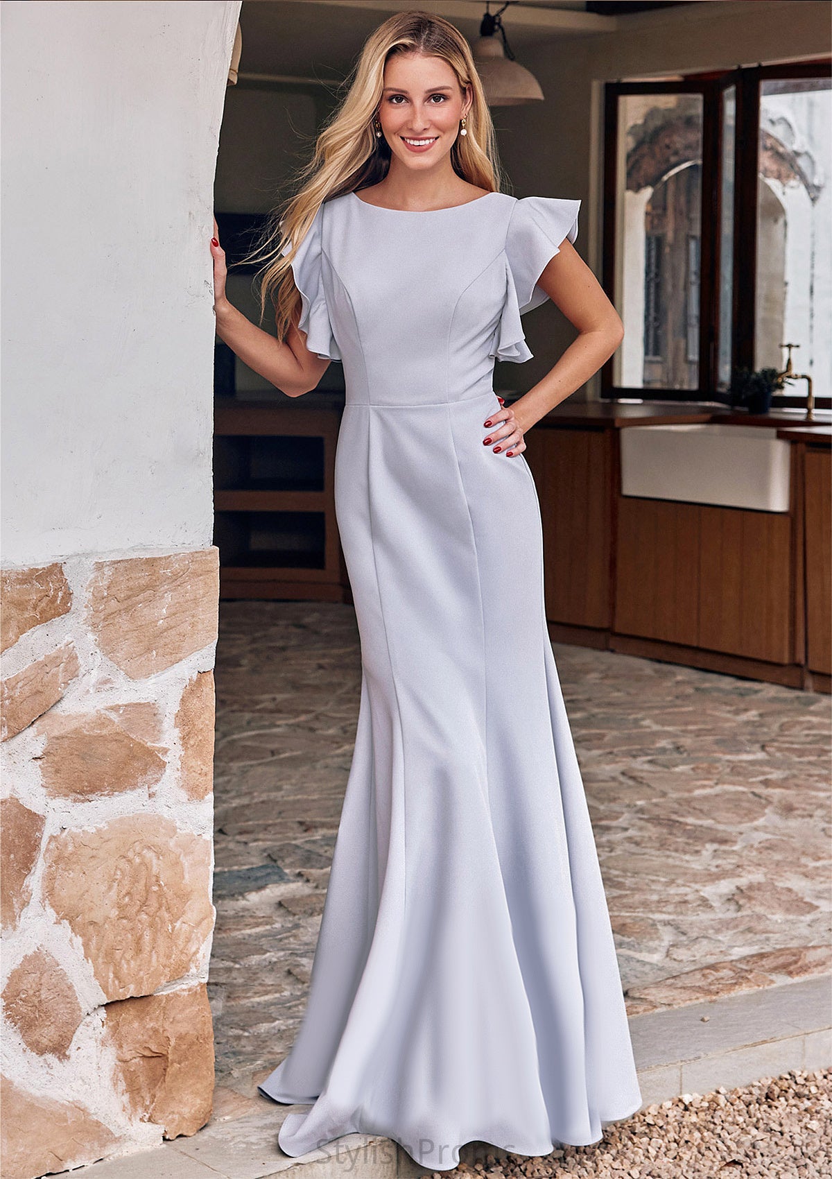 Trumpet/Mermaid Scoop Neck Short Sleeve Floor-Length Stretch Crepe Bridesmaid Dresses with Pleated Ruffles Shaylee HQP0025244