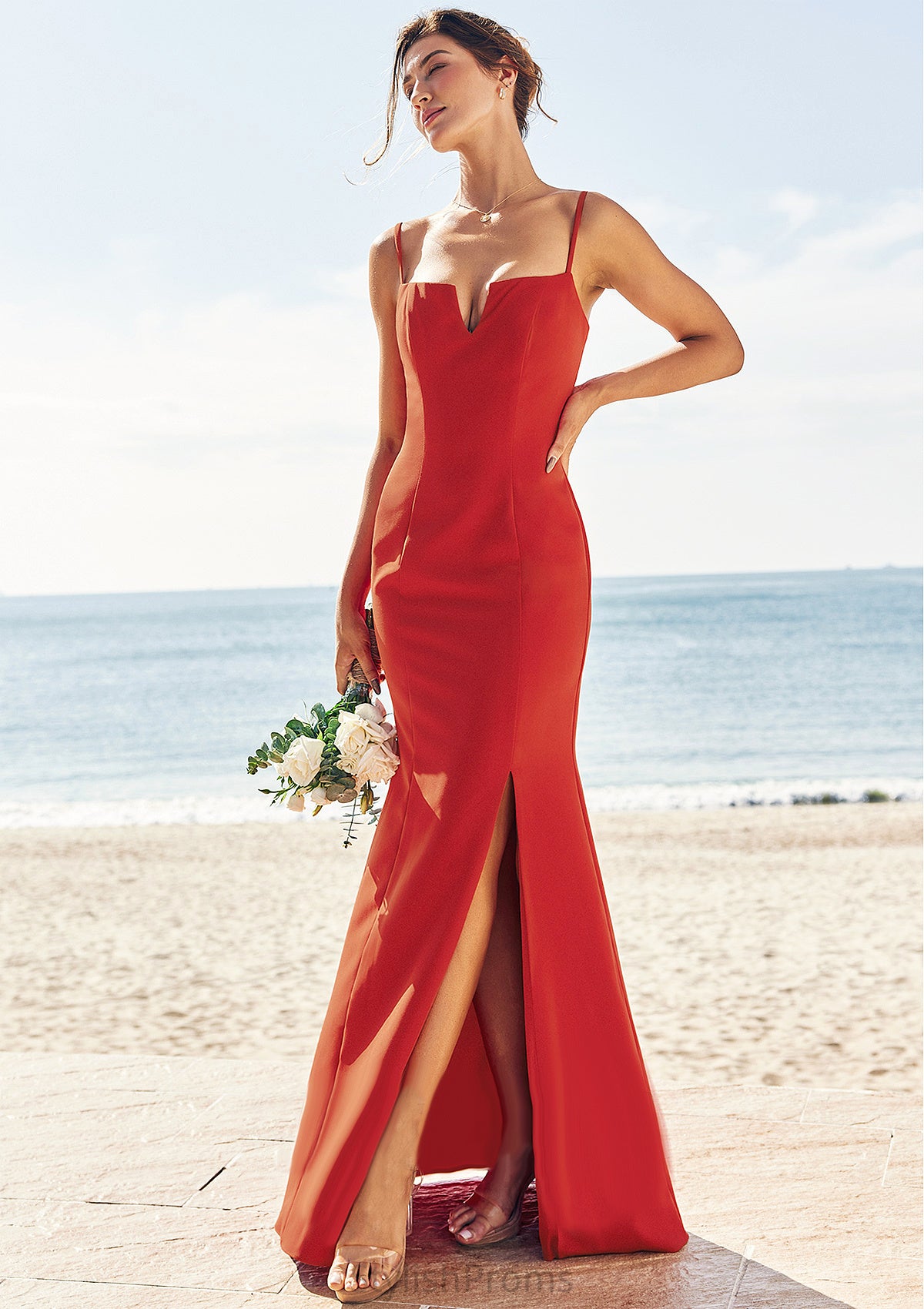 Trumpet/Mermaid V Neck Sleeveless Floor-Length Stretch Crepe Bridesmaid Dresses with Split Essence HQP0025269