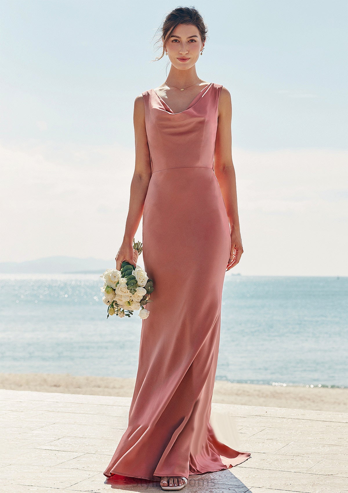 Trumpet/Mermaid Cowl Neck Sleeveless Floor-Length Stretch Satin Bridesmaid Dresses with Sashes Marie HQP0025281