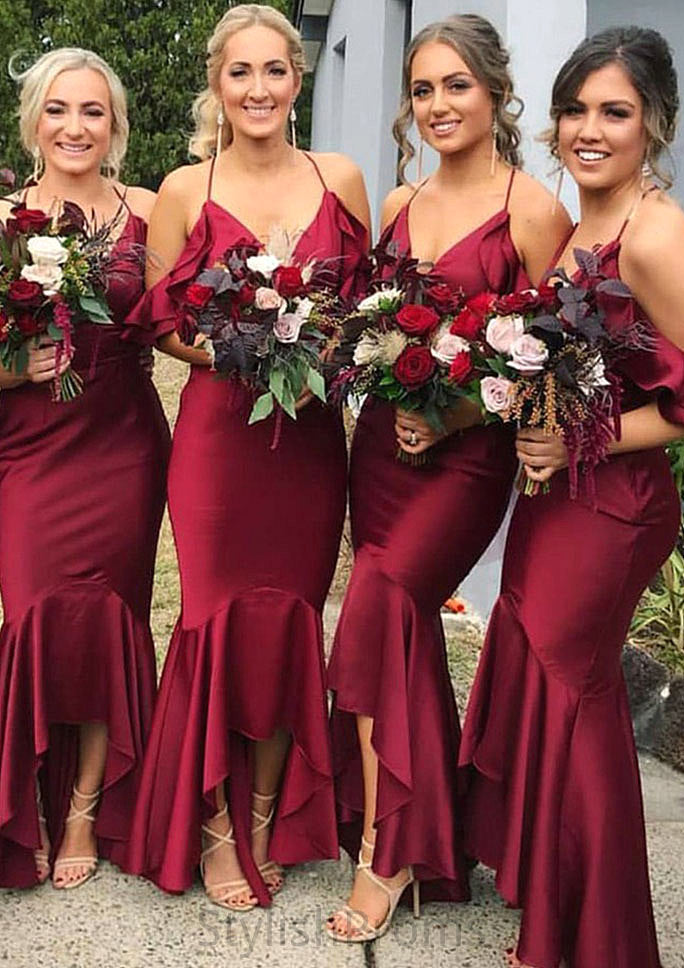 Sleeveless V Neck Asymmetrical Trumpet/Mermaid Charmeuse Bridesmaid Dresseses With Ruffles Ayana HQP0025305