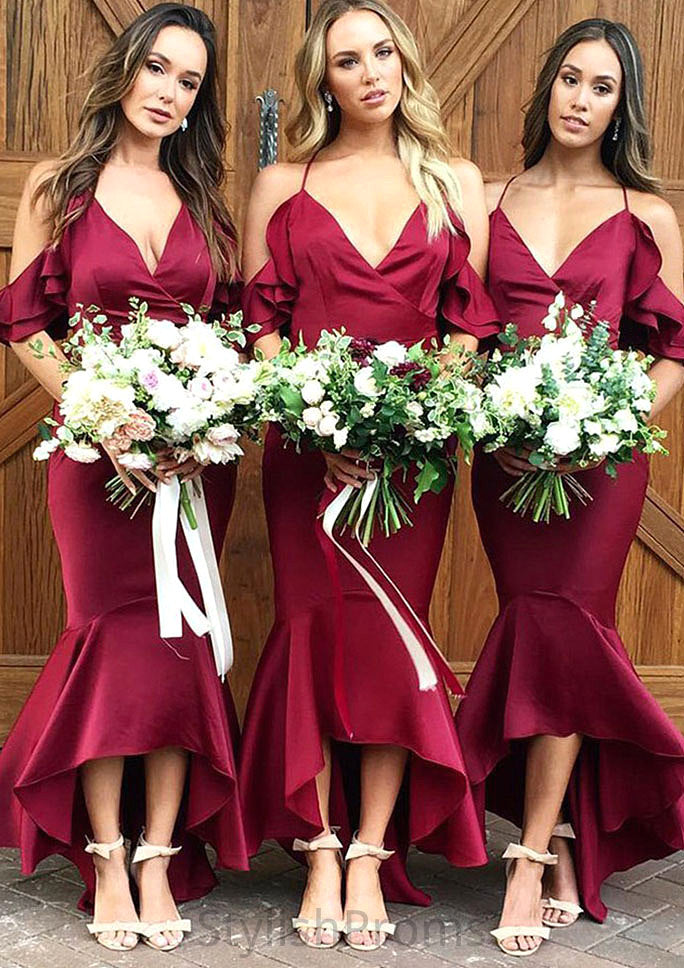 Sleeveless V Neck Asymmetrical Trumpet/Mermaid Charmeuse Bridesmaid Dresseses With Ruffles Ayana HQP0025305