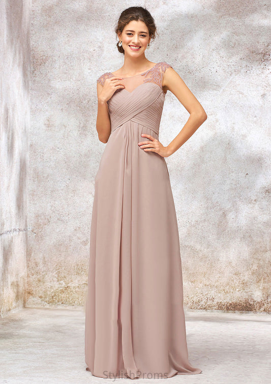 Illusion Neck Long/Floor-Length Chiffon A-line/Princess Bridesmaid Dresses  With Sequins Pleated Beading Amaya HQP0025334