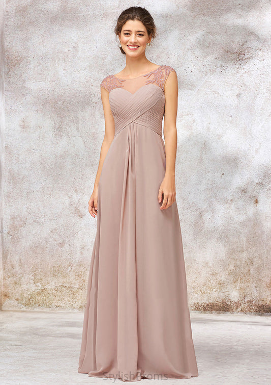 Illusion Neck Long/Floor-Length Chiffon A-line/Princess Bridesmaid Dresses  With Sequins Pleated Beading Amaya HQP0025334